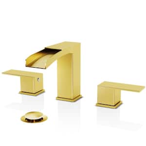Brushed Gold Waterfall 2 Handles Widespread Bathroom Faucet 8 in. for Sink 3 Holes