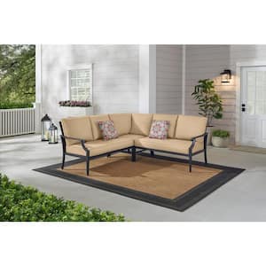 Braxton Park 3-Piece Black Steel Outdoor Patio Sectional Sofa with Sunbrella Beige Tan Cushions