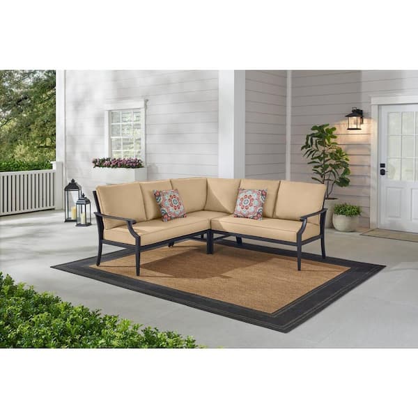 Hampton Bay Braxton Park 3-Piece Black Steel Outdoor Patio Sectional Sofa with Sunbrella Beige Tan Cushions