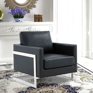 Lincoln Accent Chair Upholstered in Leather Modern Armchair with Silver Stainless-Steel Base in Black