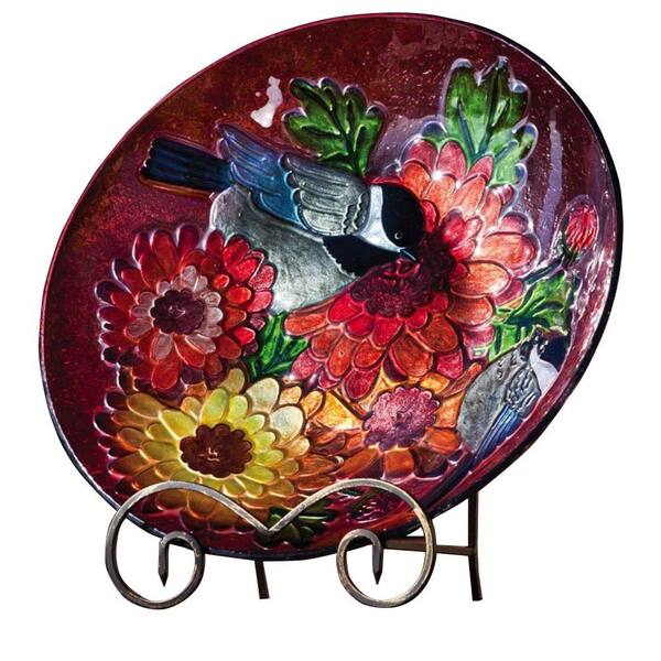 Evergreen Fall Birds and Blooms Glass Birdbath