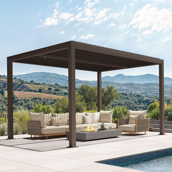 10 ft. x 12 ft. Bronze Aluminum Frame Patio Hardtop Louvered Pergola with Adjustable Sunshade Roofs and In-Built Gutter