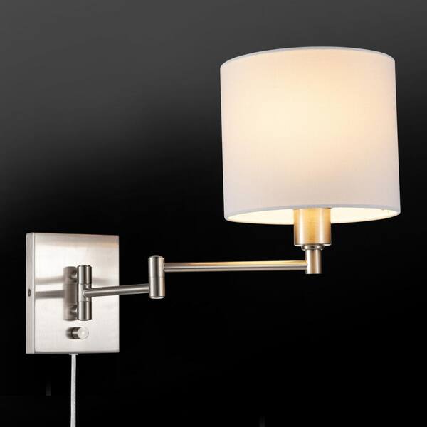 Brushed Nickel 7" Wide Swing Arm Sconce with White Linen Shade Plug-In Lamp 