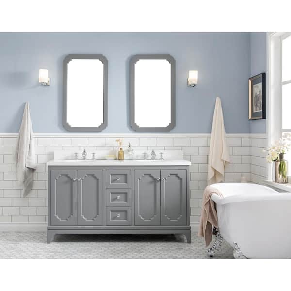 Water Creation Queen 60 in. Bath Vanity in Cashmere Grey with Quartz Carrara Vanity Top with Ceramics White Basins and Faucet