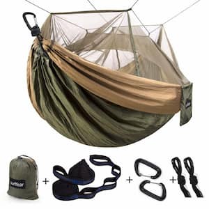 9.8 ft. 2-Person Portable Hammock with Net and Two 10 ft. Straps for Outdoor Hiking, Green and Khaki