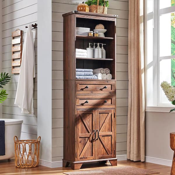 Brown 72 in. H Storage Cabinet for Living Room, Bathroom & Kitchen with 3-Adjustable Shelves and Barn Doors