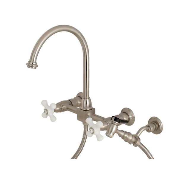 Kingston Brass Restoration 2-Handle Wall-Mount Standard Kitchen Faucet with Side Sprayer in Brushed Nickel