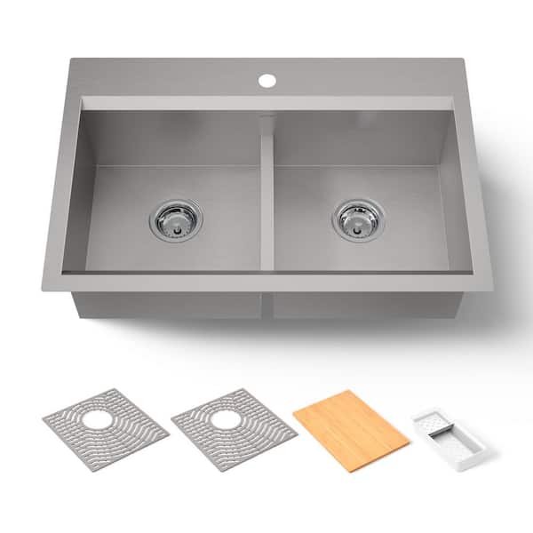 Task Workstation 33 in. Drop-In Double Bowl Stainless Steel Kitchen Sink with Smart Divide