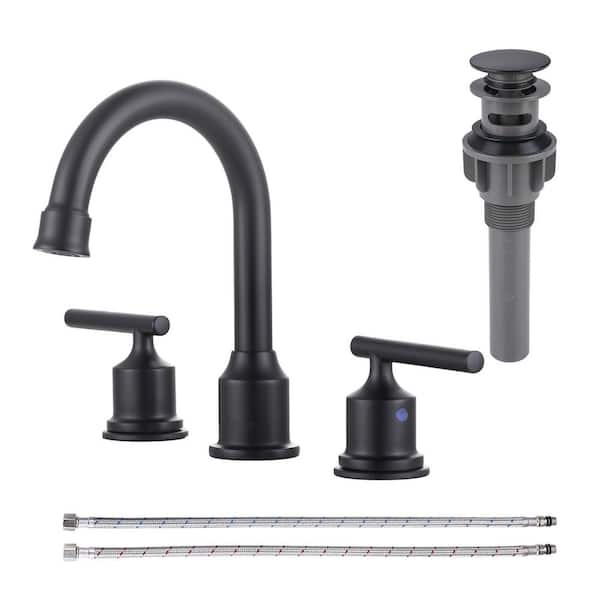 VEVETTA 8 in. Widespread Stainless Steel Double Handle Bathroom Faucet with Pop Up Drain and Supply Hoses in Matte Black