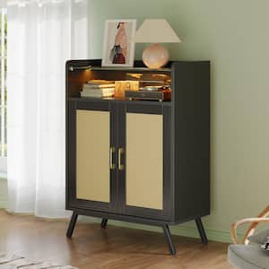 Black 27.56 in. LED Boho Accent Storage Cabinet Buffet with Glass Shelves and Ratten Door