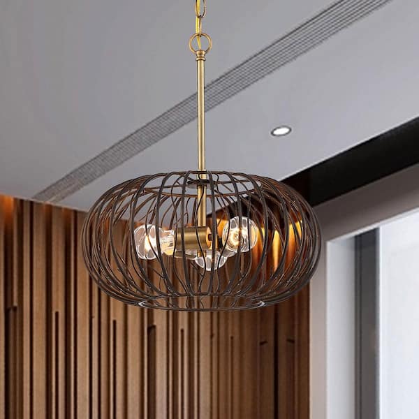 Kala 60-Watt 3-Light Brushed Gold with makamae Tropical Pendant Light with Makamae Painted Shade and No Bulbs Included