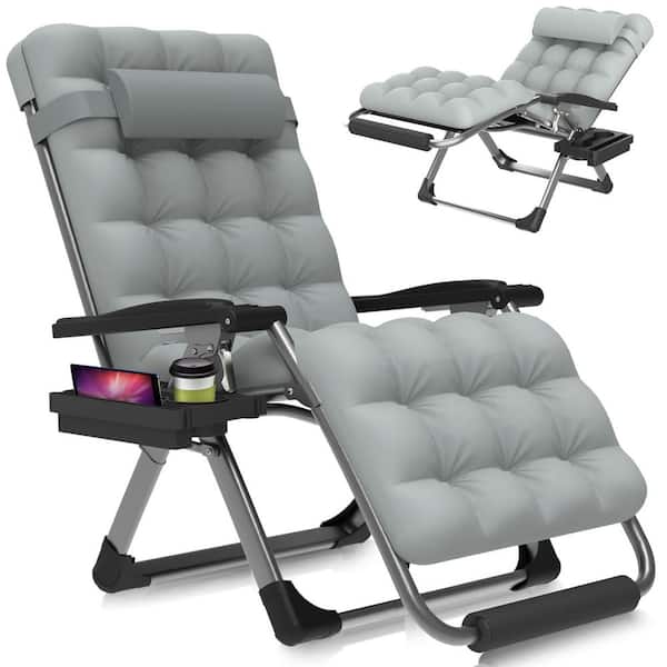 Reclining Patio Lounger Chair Steel Extra Wide Zero Gravity Chair with Cup Holder&Headrest&Removable Gray Mattress