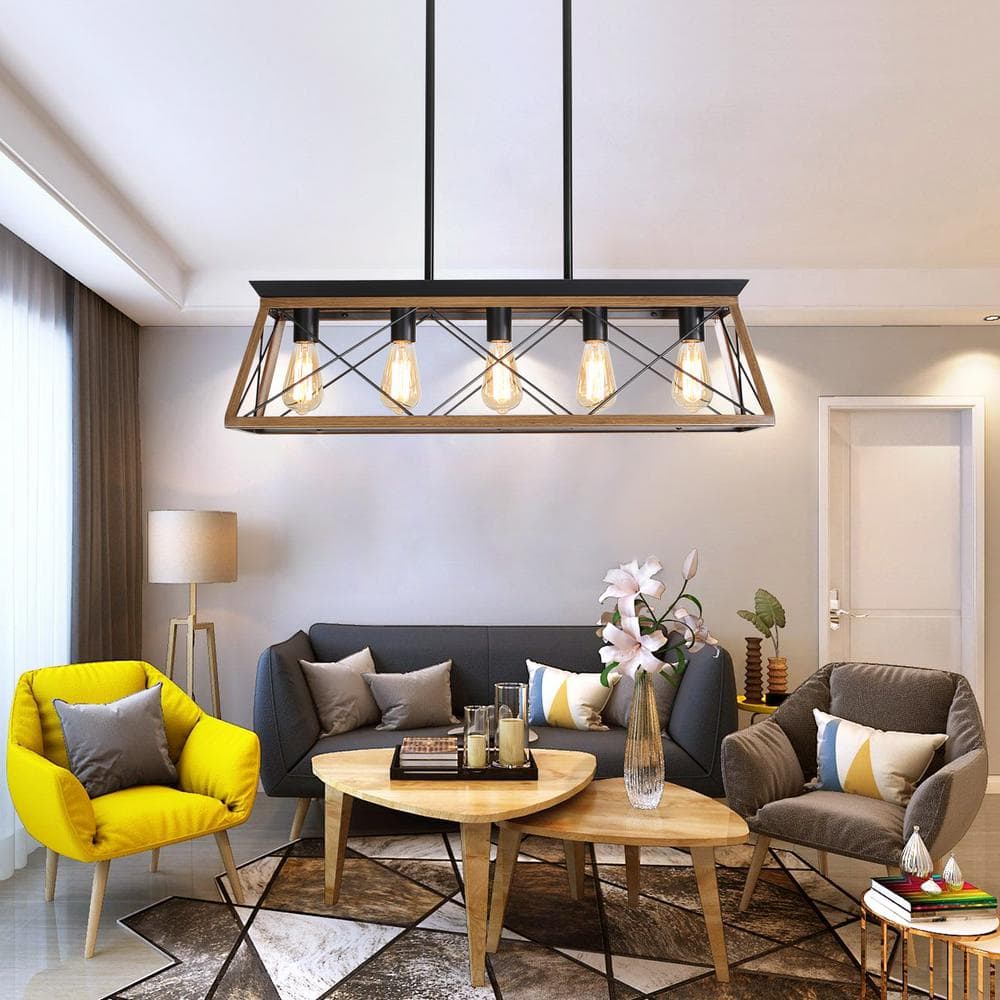 31.5 in. 5-Light Walnut Home Decor Light Fixture Farmhouse Pendant Semi-Flu