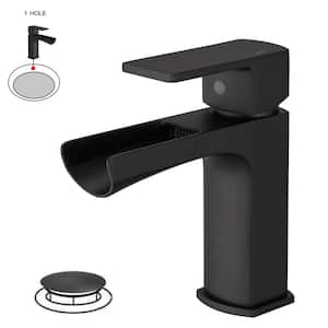 Waterfall Single Handle Single Hole Low-Arc Modern Bathroom Faucet Bathroom Drip-Free Vanity Sink Faucet in Matte Black