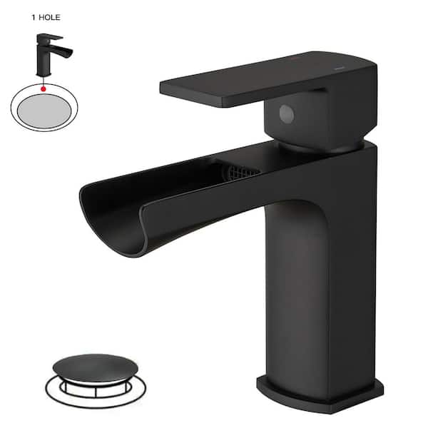 BWE Waterfall Single Handle Single Hole Low-Arc Modern Bathroom Faucet Bathroom Drip-Free Vanity Sink Faucet in Matte Black