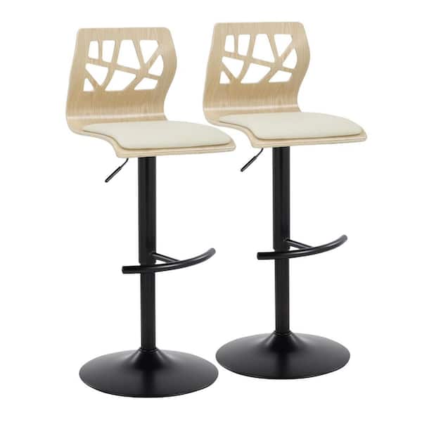 Lumisource Folia 32.5 in. Cream Faux Leather, Natural Wood and Black Metal Adjustable Bar Stool (Set of 2)