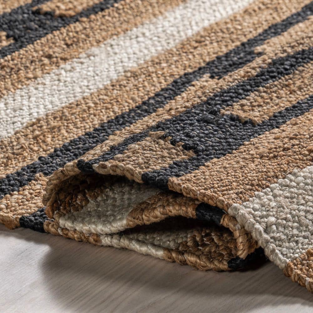 Handmade Black and Beige Striped Jute Rectangular Area Rug, 10' x 14'