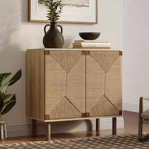 Brown 31.5 in. Mid-Century Modern Rope 2-Door Cabinet with Wood Legs