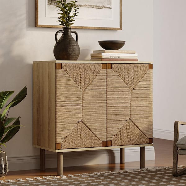 LuxenHome Brown 31.5 in. Mid-Century Modern Rope 2-Door Cabinet with Wood Legs