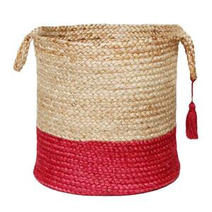 Tan / Cranberry Red 19 in. Two-Tone Natural Jute Woven Decorative Storage Basket with Handles