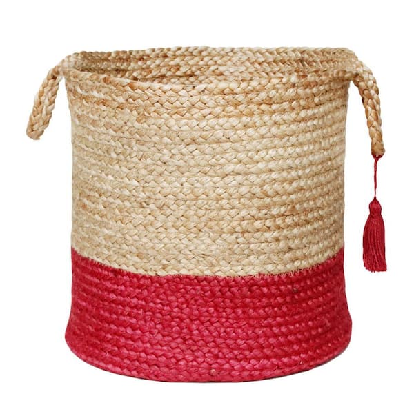 Unbranded Amara Tan / Cranberry Red 17 in. Two-Tone Natural Jute Woven Decorative Storage Basket with Handles