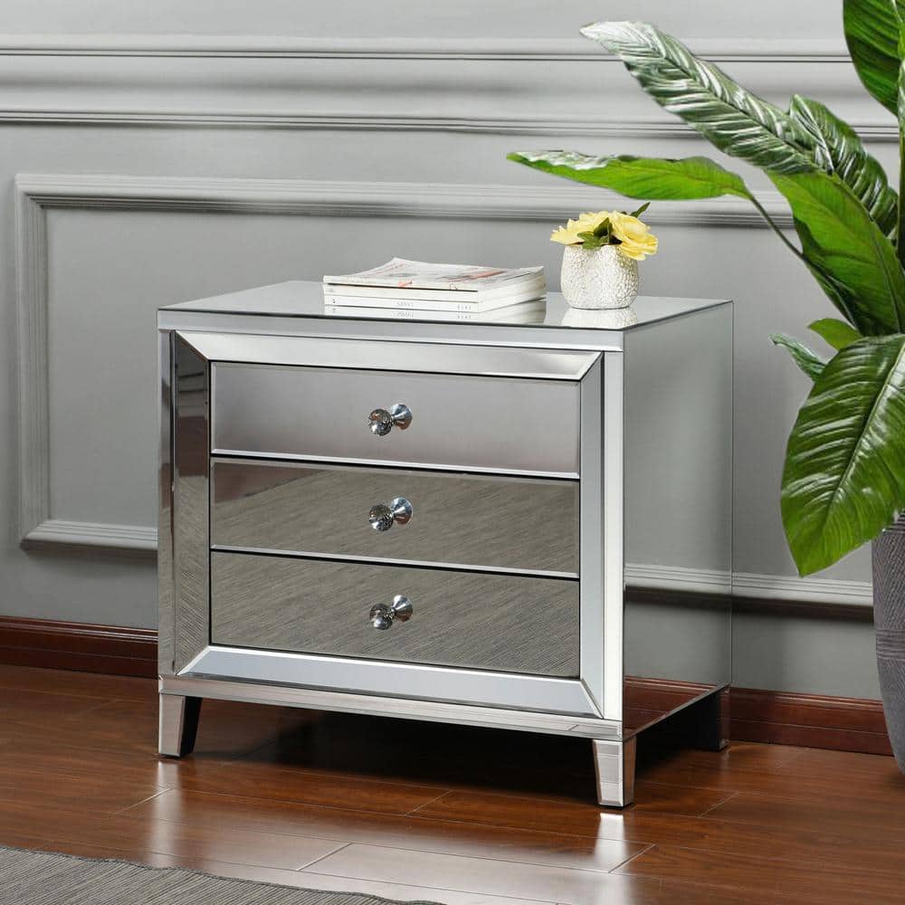 Glam Mirrored 3-Drawer Chest with Crystal Knobs