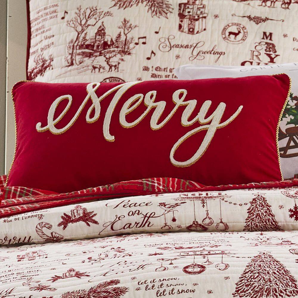 Red and Gold Embroidered Merry Holiday Pillow 12x24