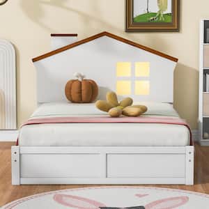 Twin Size Wood Frame Platform Bed with House-Shaped Headboard and Built-in LED,White-2