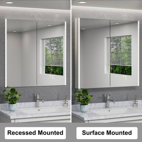 HBEZON Eos 36 in. W x 36 in. H Rectangular Aluminum Surface/Recessed Medicine Cabinet with Mirror and Light, LED Clock