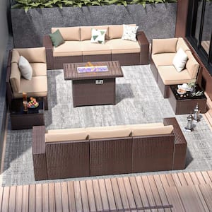 13-Piece Outdoor Fire Pit Patio Set, Patio Sectional Set with Fire Pit Table, Coffee Table, Beige Cushions, Set Covers