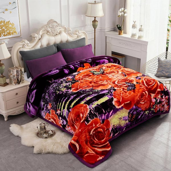 JML Purple Floral 77x87 Reversible Printed Polyester Fleece Mink Warm  Thick Winter Blanket Sep 30Q - The Home Depot