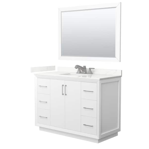 Wyndham Collection Strada 48 in. W x 22 in. D x 35 in. H Single Bath Vanity in White with Giotto Quartz Top and 46 in. Mirror