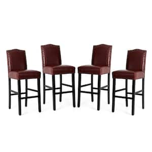 45 in. H Burgundy High Back Solid Rubberwood Frame Upholstered PU Bar Stool with Studded Decor (Set of 4)