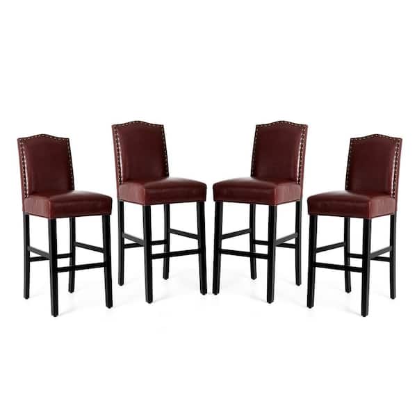 Glitzhome 45 in. H Burgundy High Back Solid Rubberwood Frame Upholstered PU Bar Stool with Studded Decor (Set of 4)