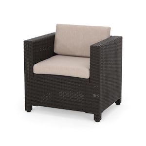 Primrose Dark Brown Faux Wicker Outdoor Lounge Chair with Beige Cushions