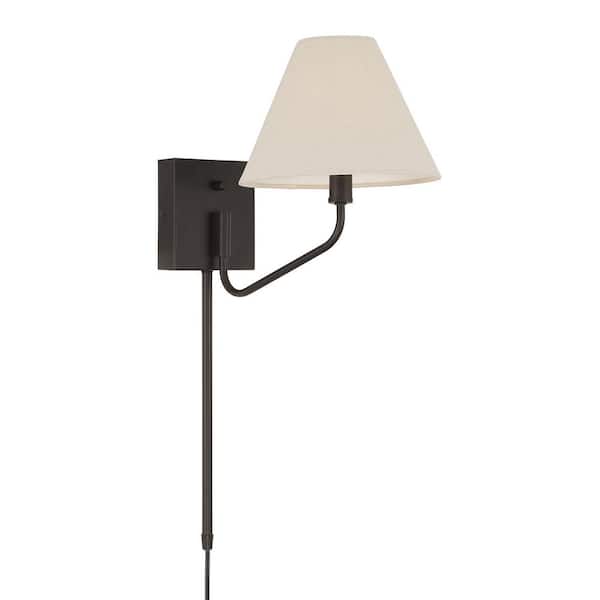 Chadwick 8.5 in. 1-Light Espresso Swivel Armed Wall Sconce with Tapered Soft Tan Fabric Shade