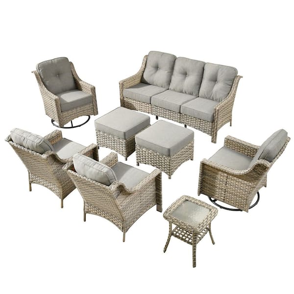 Cherry 8-Piece Wicker Outdoor Furniture Patio Conversation Sofa Seating Set with Swivel Chairs and Dark Grey Cushions
