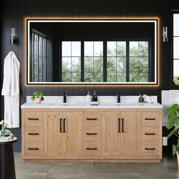 Altair Cicero 84 in. W x 22 in. D x 33 in. H Double Sink Bath Vanity in Brown with White Engineered Stone Top and Mirror