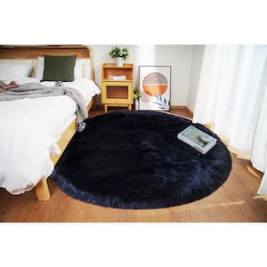 Sheepskin Faux Furry Black Cozy Rugs 5 ft. x 5 ft. Round Area Rug