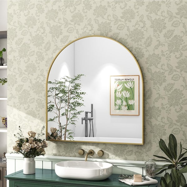 XRAMFY 31.9 in. W x 33.9 in. H Arched Modern Gold Aluminum Framed Bathroom Vanity Mirror Wall Mirror