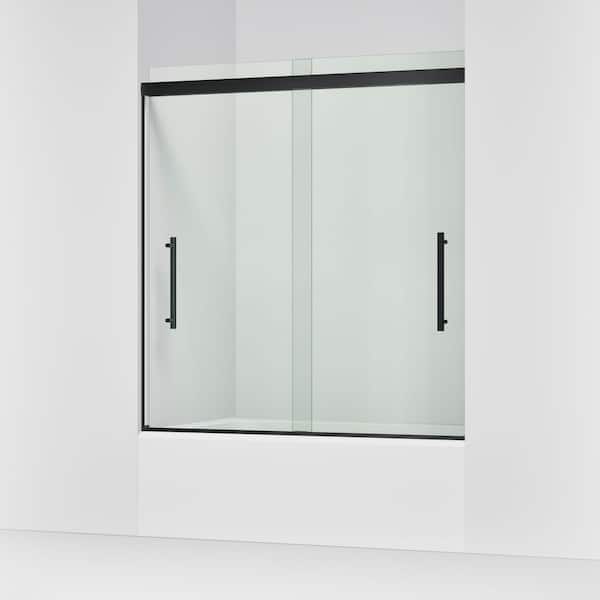 Pleat 55-60 in. x 64 in. Frameless Sliding Bathtub Door in Matte Black with Clear Tempered Glass