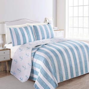 Blue Full/Queen Striped Anchor Coastal 3-Piece Microfiber Quilt Set Bedspread