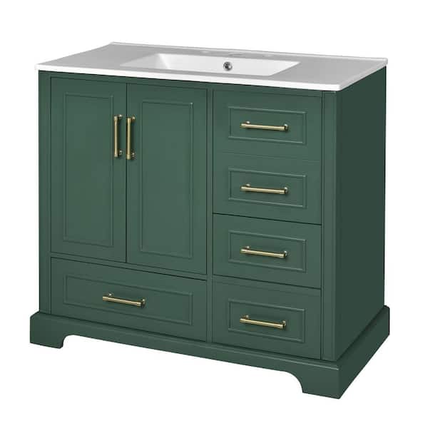 36 in. W x 18 in. D x 34 in. H Single Sink Freestanding Bath Vanity in Green with White Resin Top
