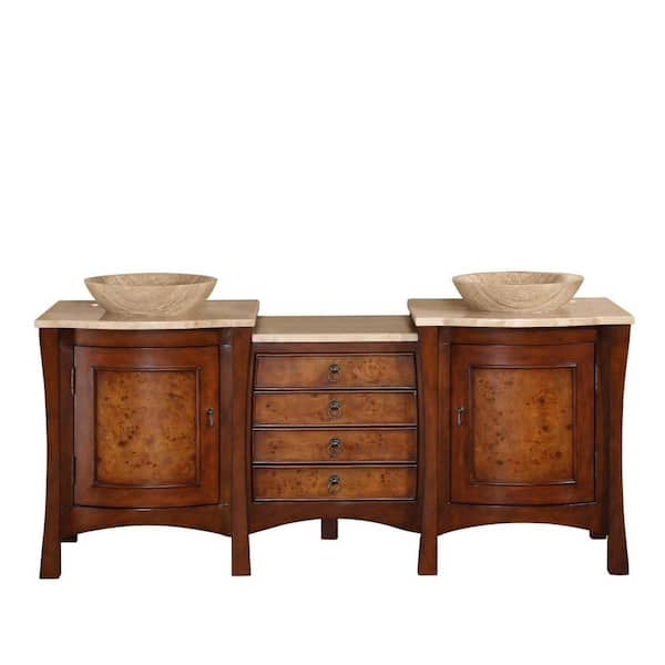 72 in. W x 22 in. D Vanity in Red Chestnut with Stone Vanity Top in Travertine with Vessel Stone Basin