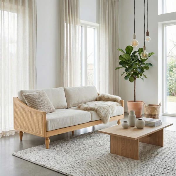 Taldor Country Rustic 70.9 in. Natural and Beige Chenille Upholstered 2-Seater Sofa Loveseat with Rattan Woven Arms