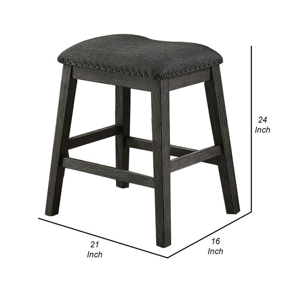 Gray Linen Upholstered Saddle Counter Stool with Nailhead Trim