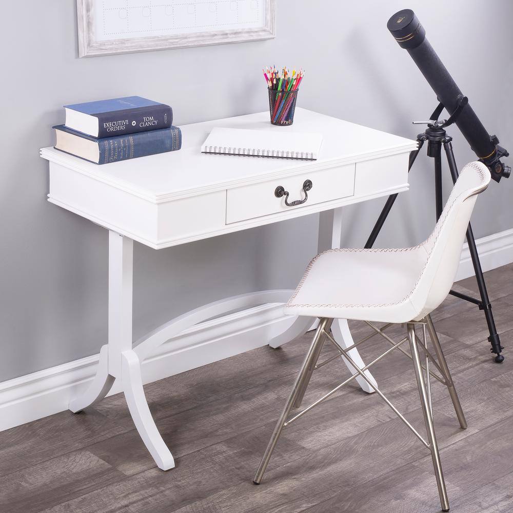 Elegant White Acacia and Pine Writing Desk with Antique Brass Drawer