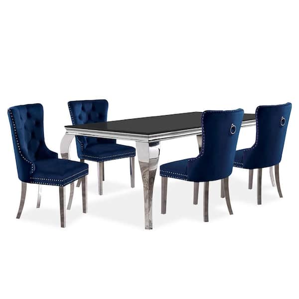 Furniture of America Billinghurst 5-Piece Rectangle Glass Top Black and Blue Dining Table Set