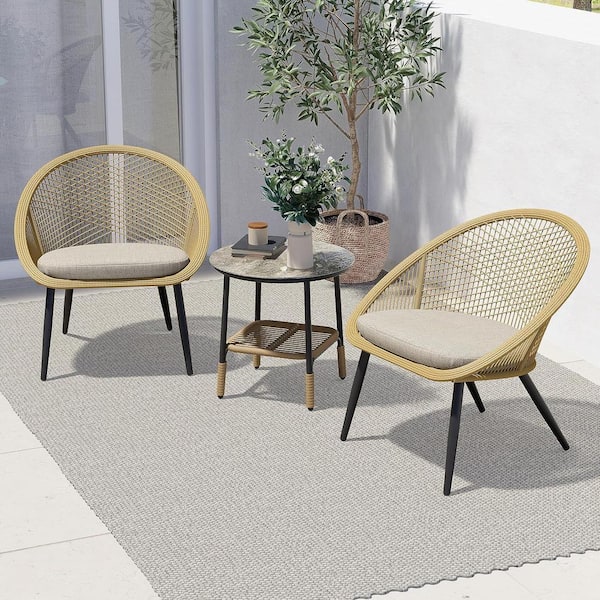 WUNIN 3-Piece Wicker Outdoor Bistro Set with Light Gray Cushions