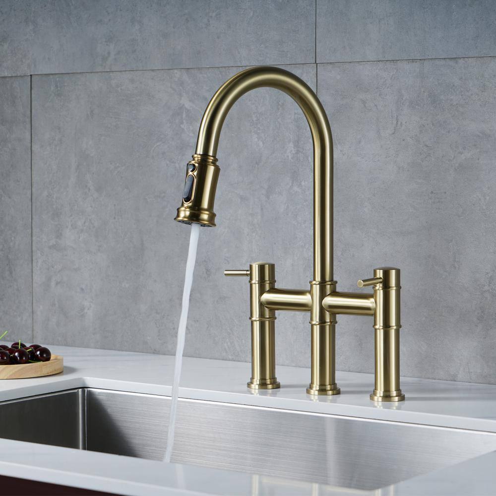 Brushed Gold Double Handle Bridge Kitchen Faucet with Pull Down Sprayer